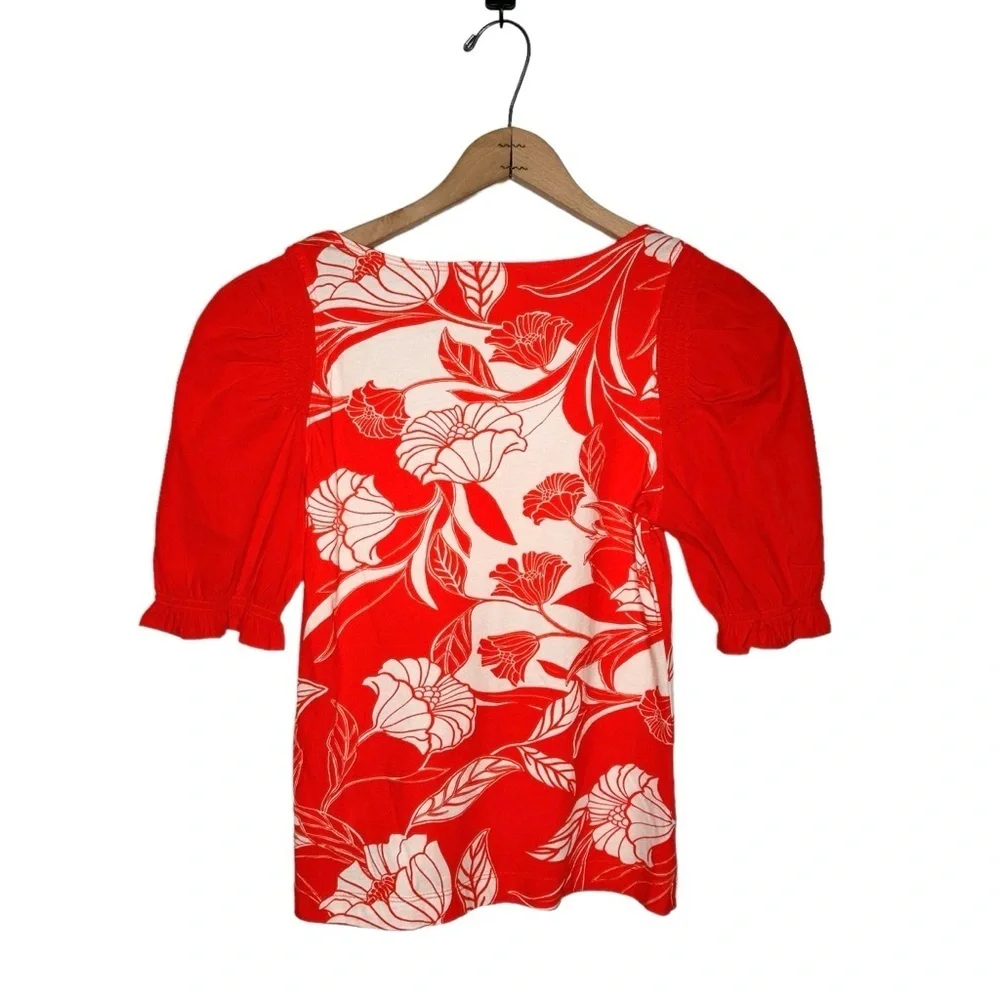 Anthropologie | Maeve Orange and White Floral Woven Puff-Sleeve Top Size XS